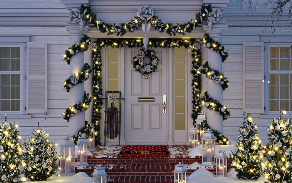 Illuminated colonial porch with garlands and lanterns