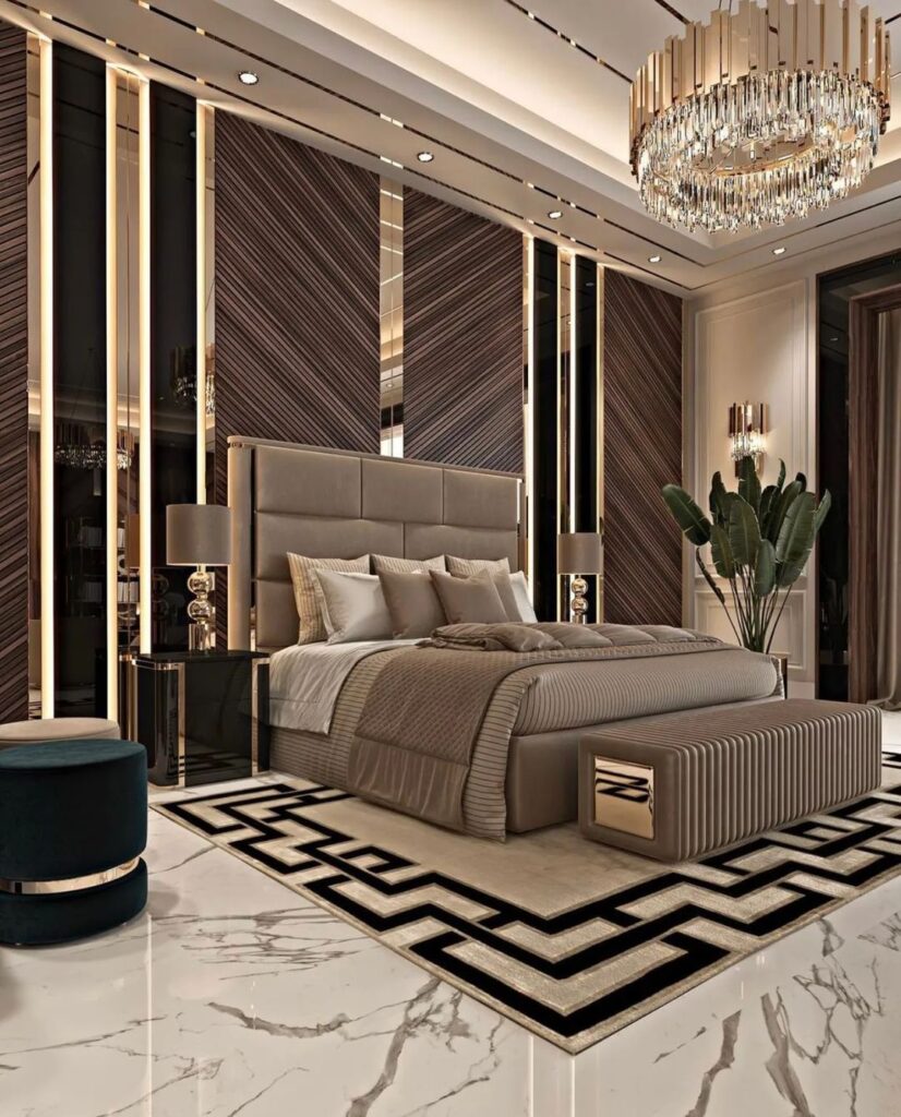 Luxurious bedroom with gold accents crystal chandelier and geometric patterns