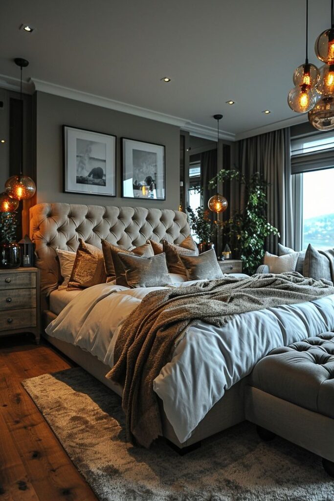 Cozy grey bedroom with tufted headboard and amber lighting