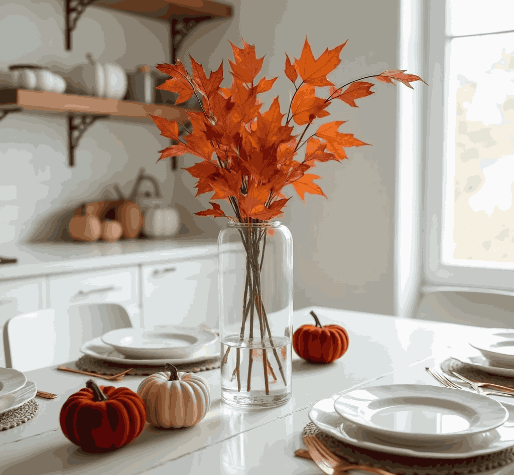 White table set with glass vase of orange maple leaves and small pumpkins