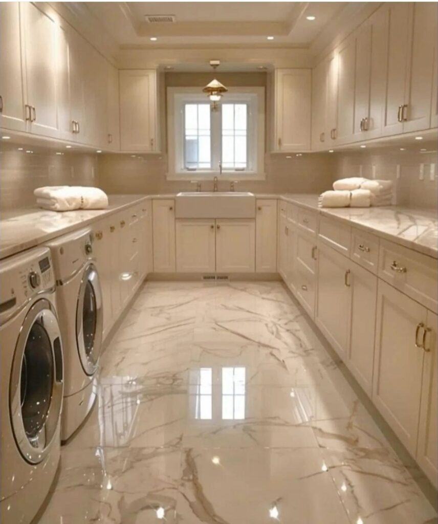 Luxurious U-shaped laundry room with marble floors