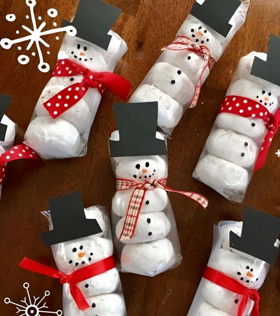 Marshmallow snowmen with ribbon scarves