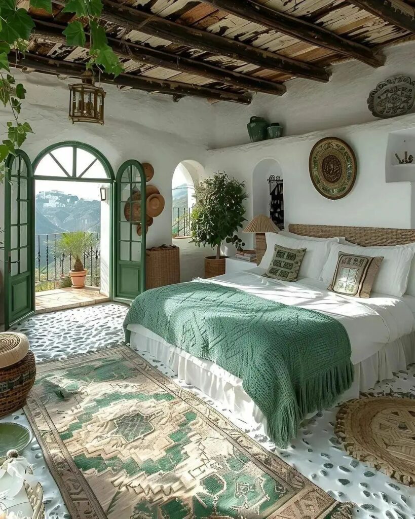 Rustic bedroom with green accents overlooking hills