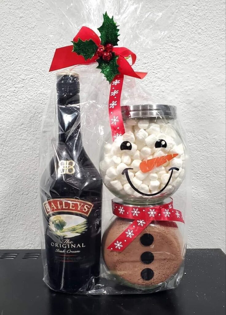 Snowman cocoa mix with Baileys bottle