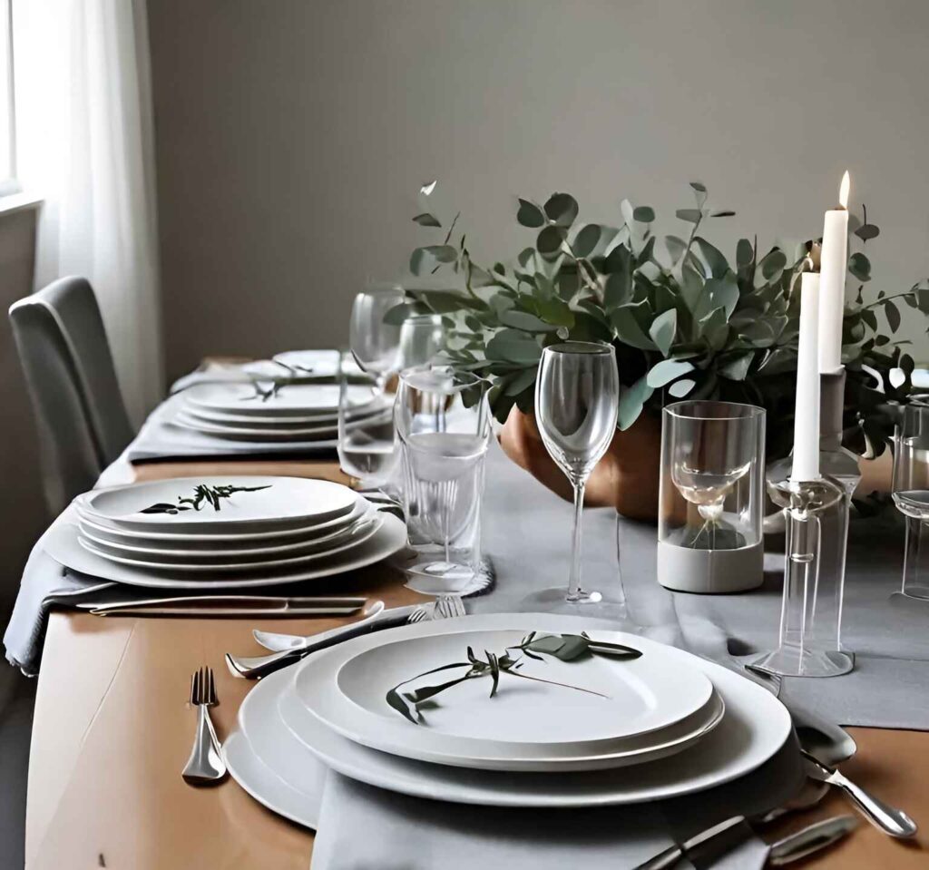 Modern Thanksgiving table with eucalyptus centerpiece