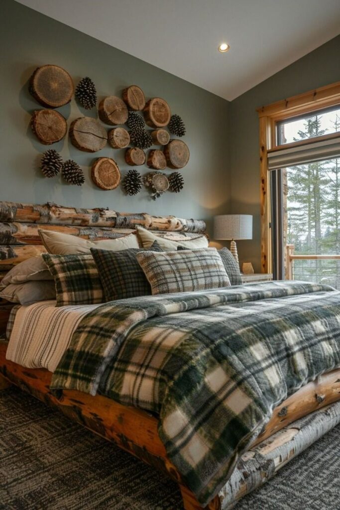 Rustic bedroom with log bed and nature-inspired decor