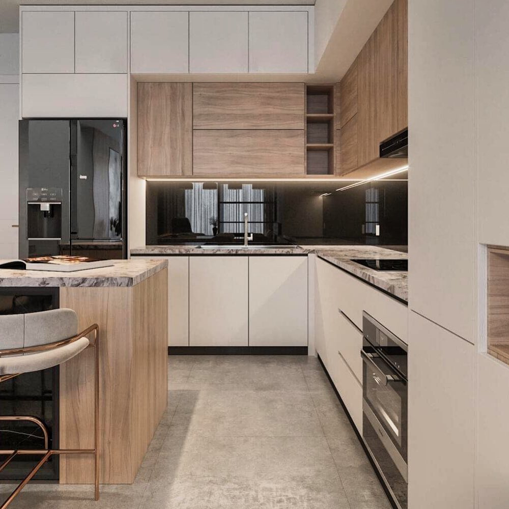 Modern kitchen with wood and white cabinets black backsplash.