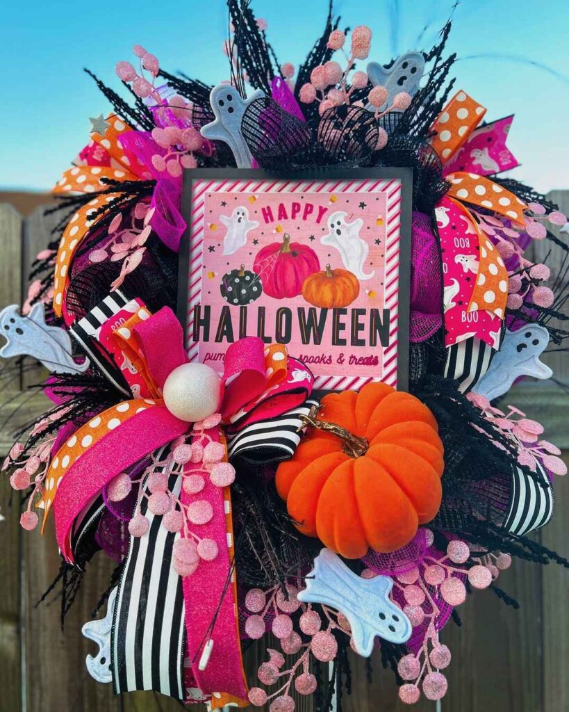 Colorful Halloween wreath with pink accents and orange pumpkin.