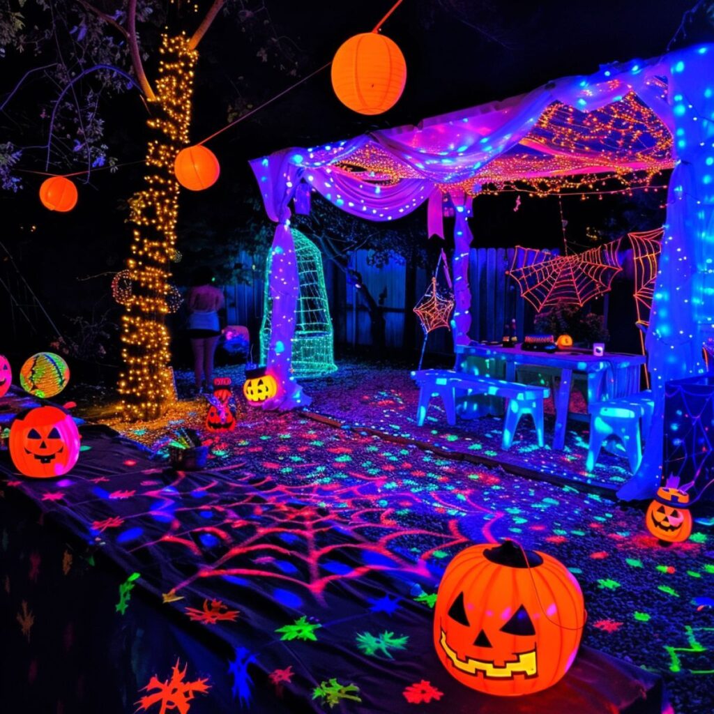 Backyard Halloween party with neon lights and decorations