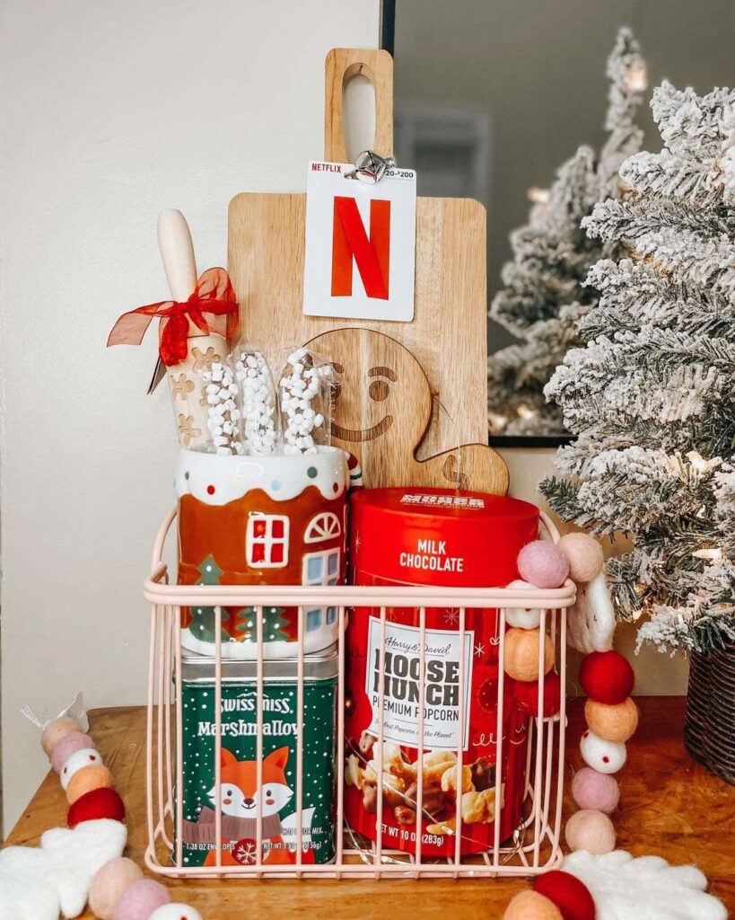 Holiday movie night basket Netflix snacks decorations