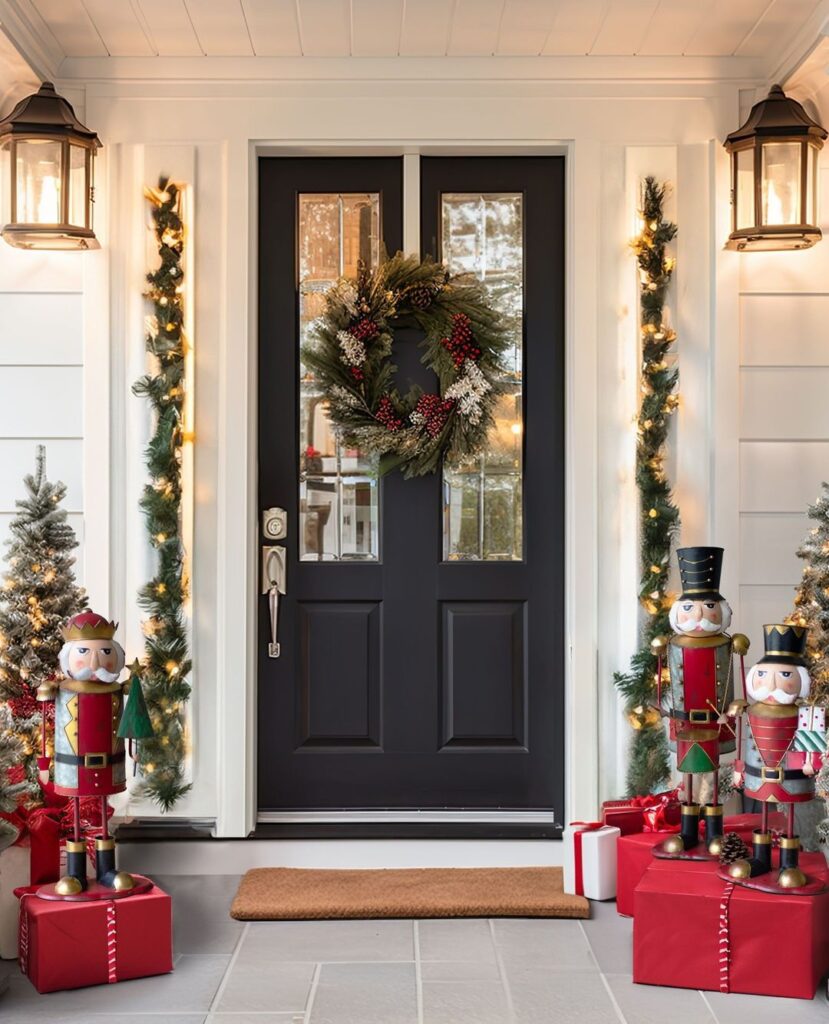 Christmas porch with nutcrackers wreath and lights