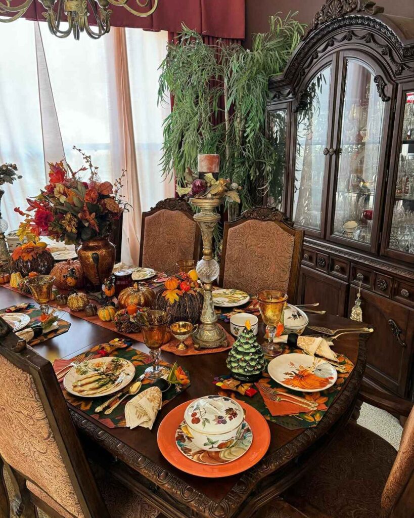 Victorian-style Thanksgiving table with rich autumn decor