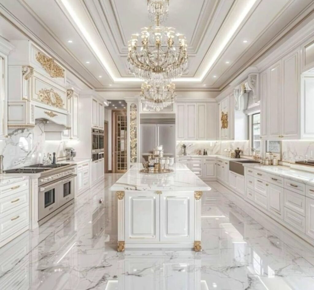 Opulent white kitchen with gold accents and crystal chandeliers.