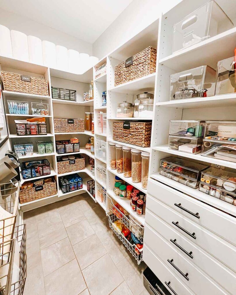 Organized pantry with baskets and containers