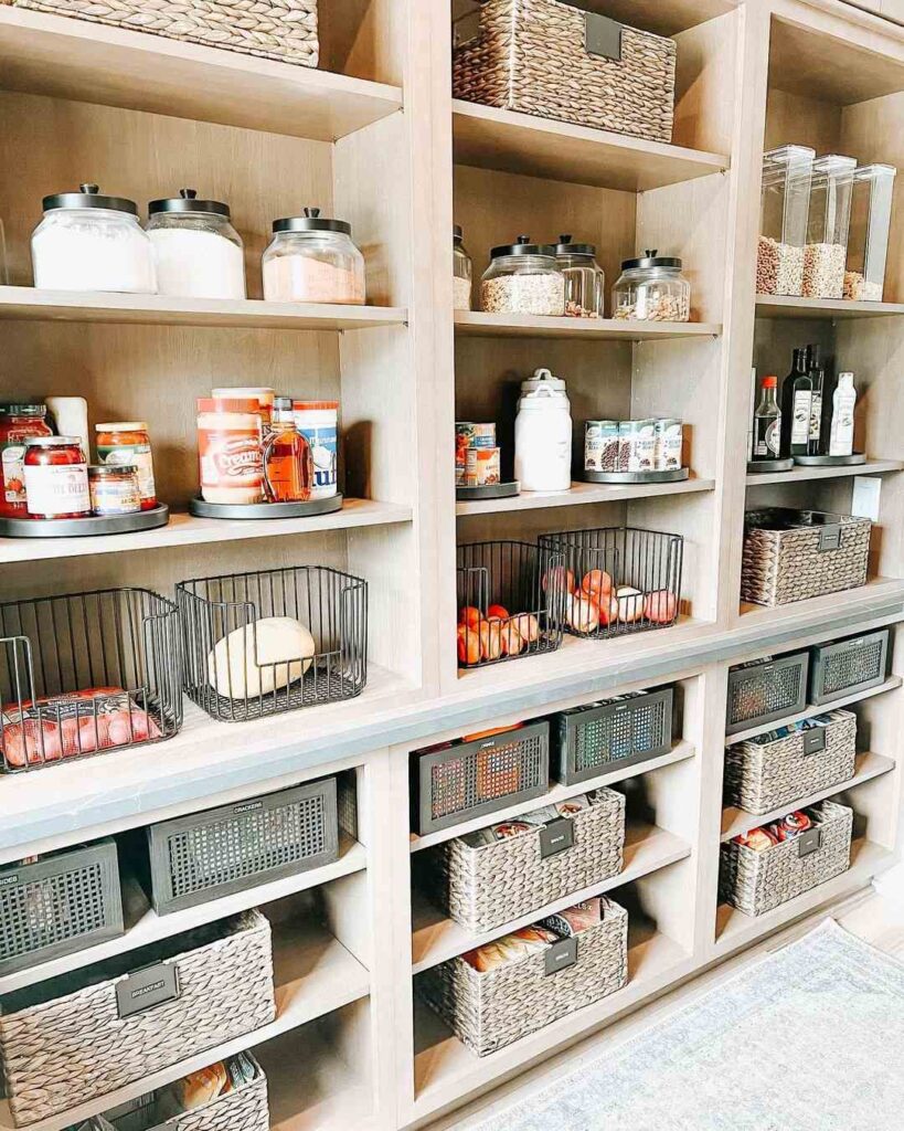 Organized pantry shelves with jars baskets and bins