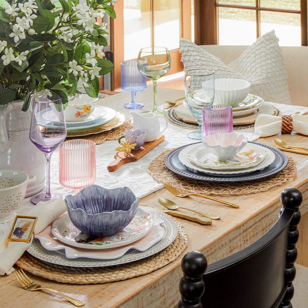 Pastel-themed Thanksgiving table with floral dishes