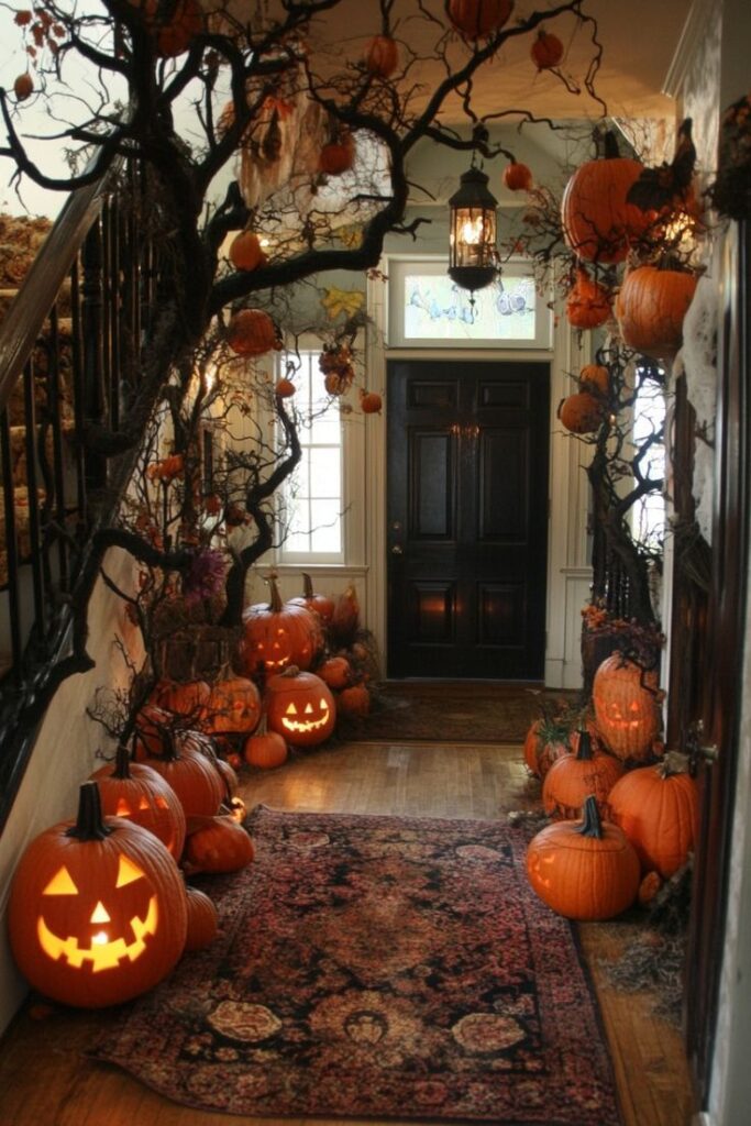 Halloween entryway with pumpkins twisted branches and glowing lantern