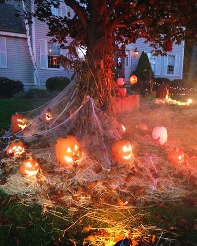 Spooky tree with glowing pumpkins and fog