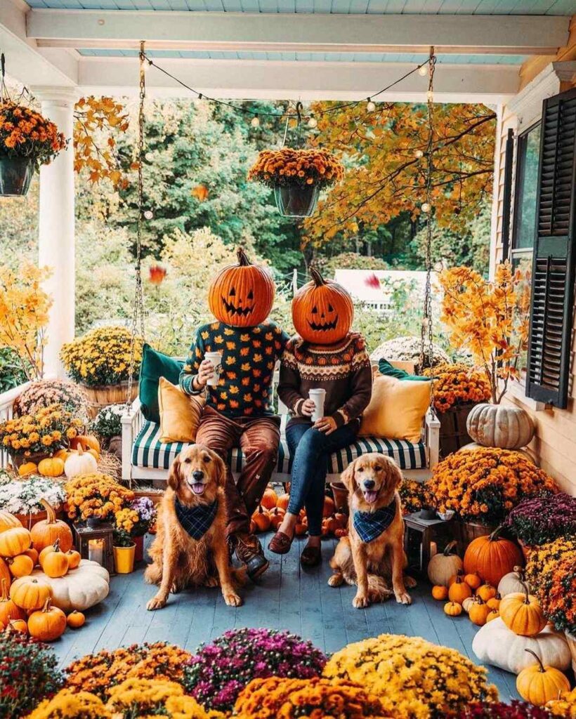 Pumpkin-headed couple on porch swing with dogs