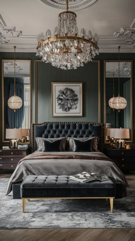 Luxurious dark bedroom with chandelier tufted headboard and gold accents