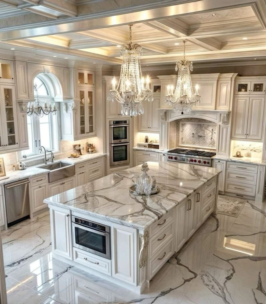 Lavish white kitchen with chandeliers and marble surfaces.