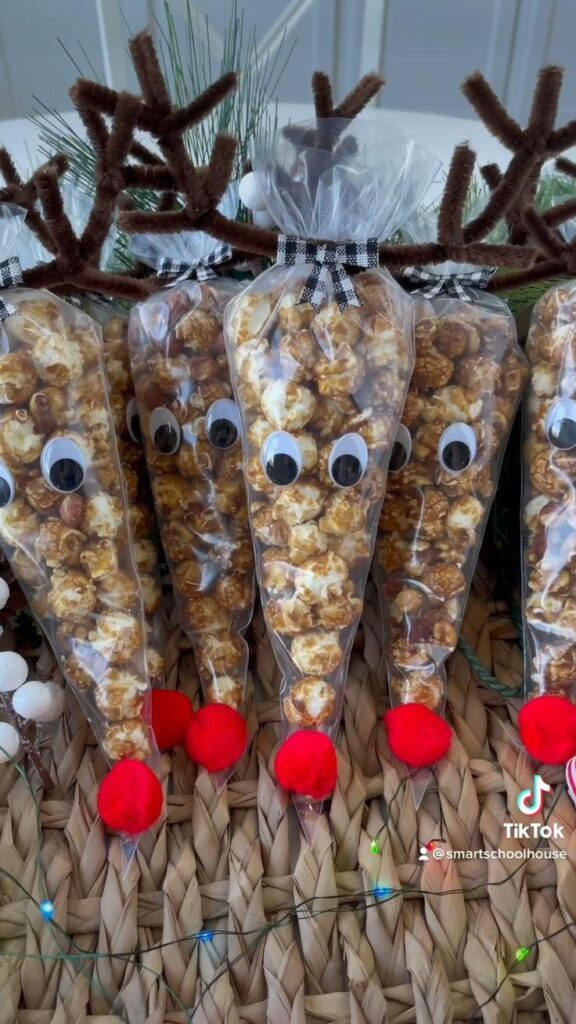 Popcorn-filled bags decorated as reindeer