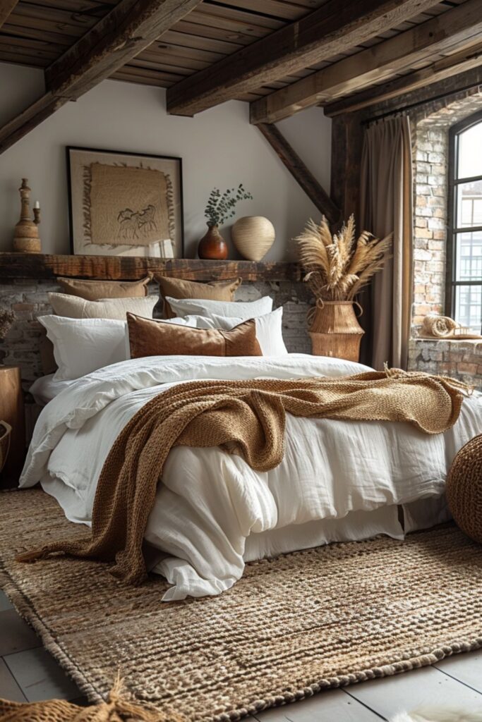 Cozy rustic bedroom with natural textures