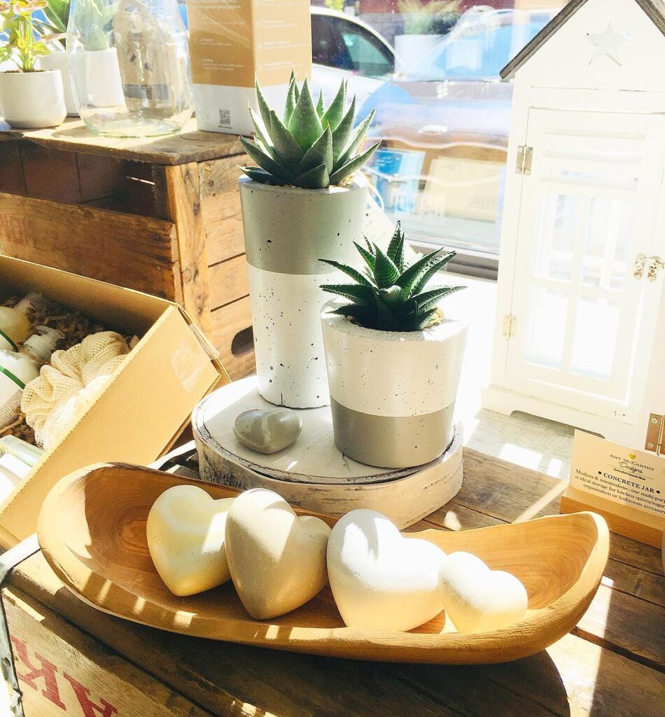 Succulents and heart stones on wooden display.