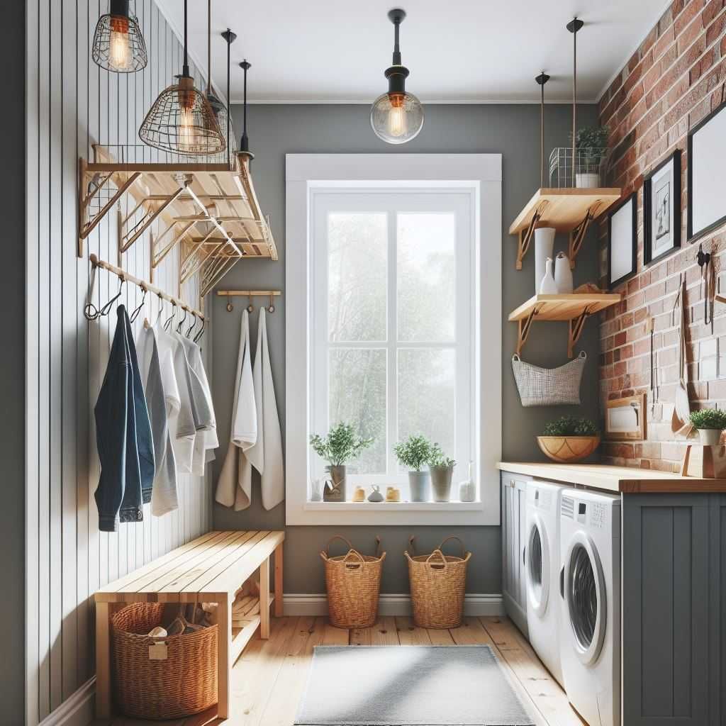 Rustic laundry room with wooden accents and brick wall