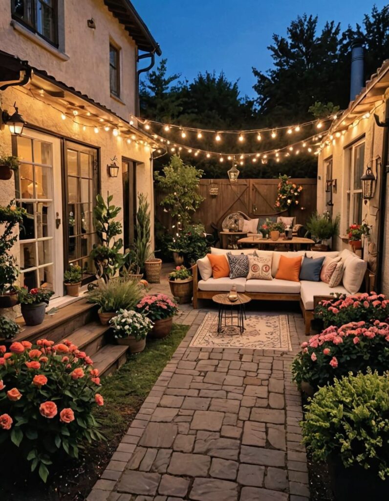 Cozy patio with string lights sofa and colorful flowers.