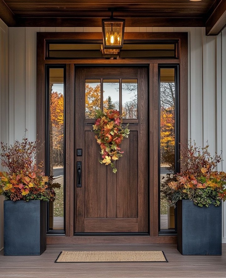 Wooden door with fall wreath and planters