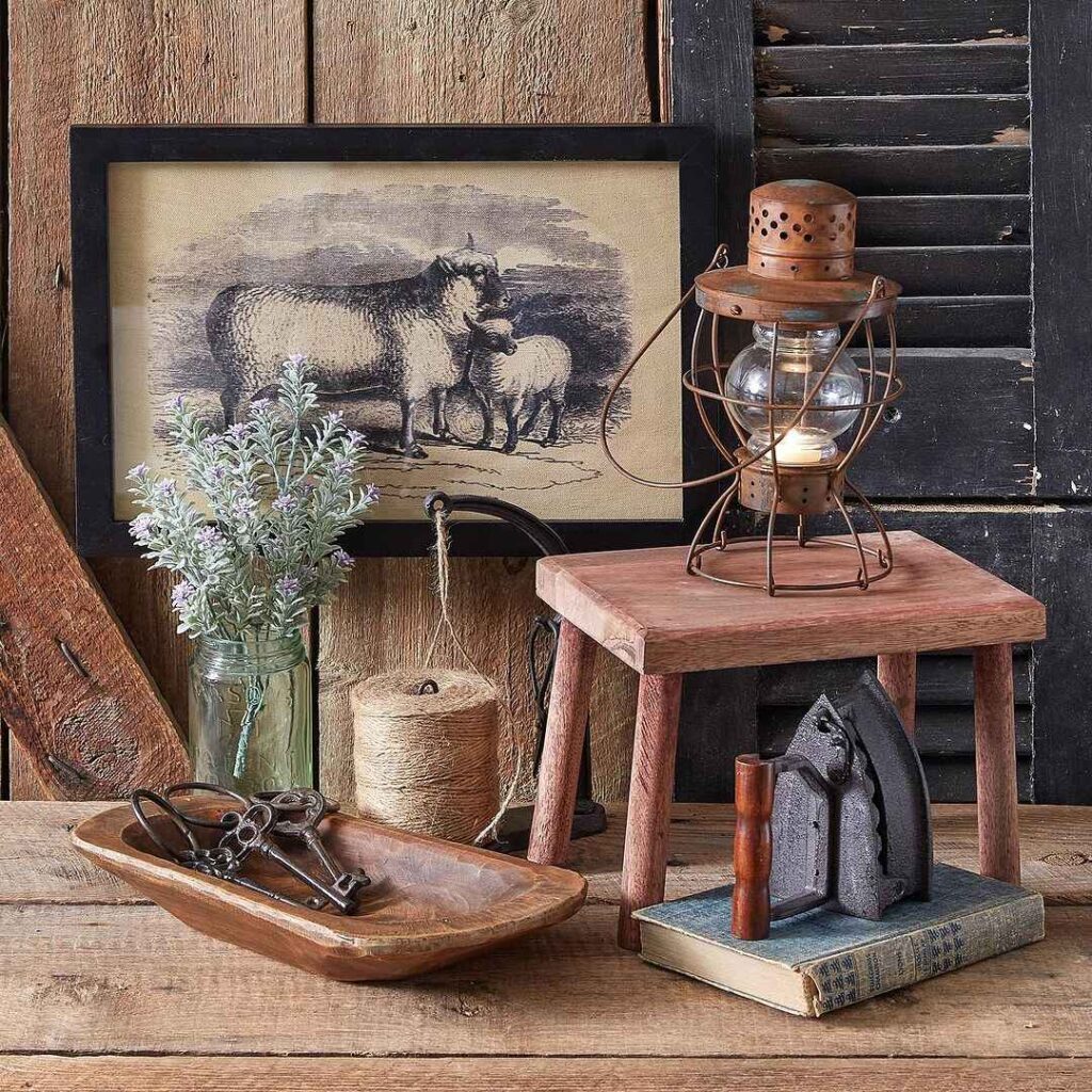 Rustic decor with sheep print lantern lavender and antique items