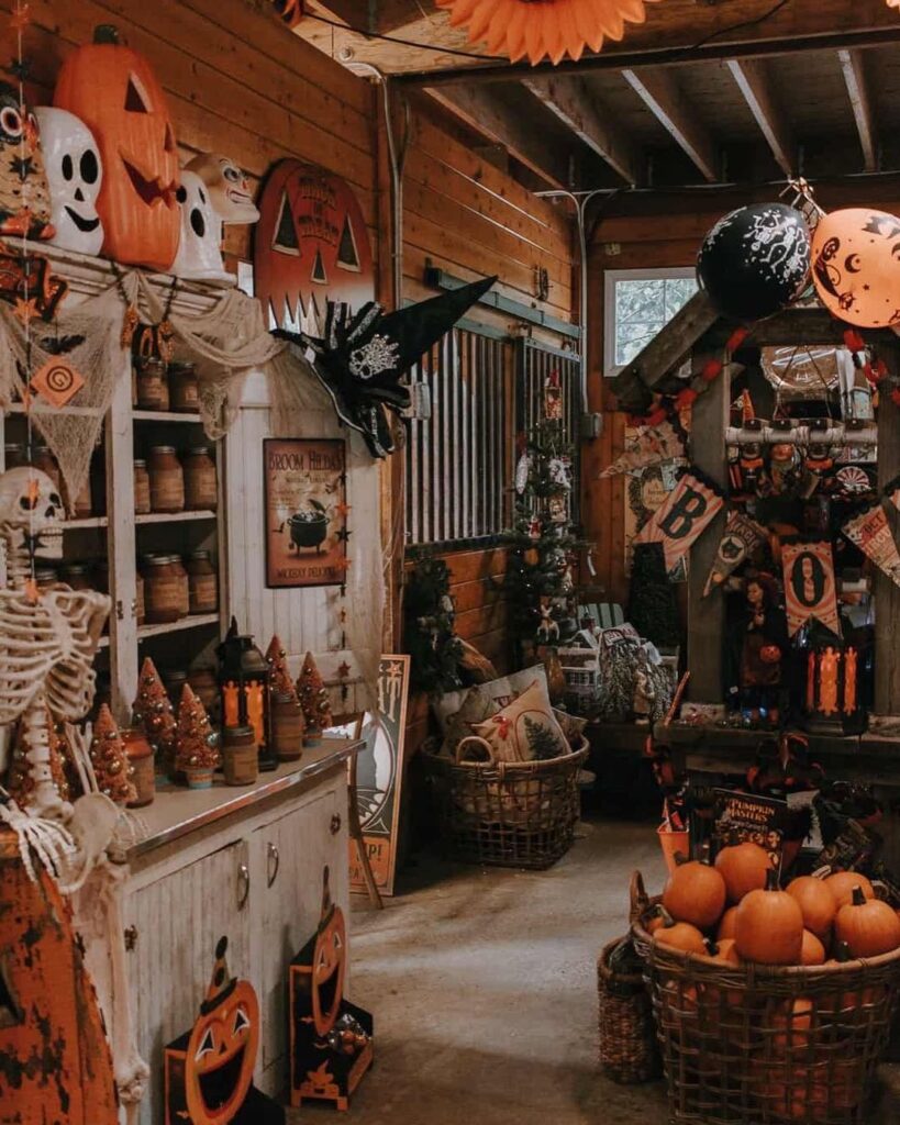 Rustic room packed with Halloween decor and pumpkins