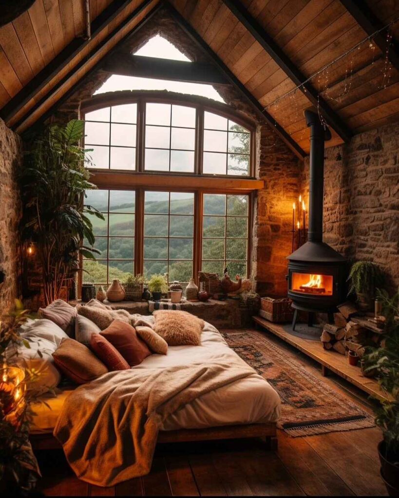 Cozy attic bedroom with large windows mountain view and wood stove.