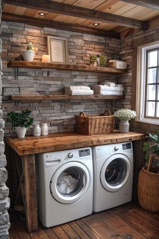 Rustic laundry room with stone walls and wooden accents