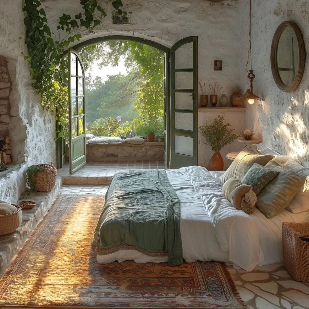 Rustic bedroom with arched doorway opening to nature