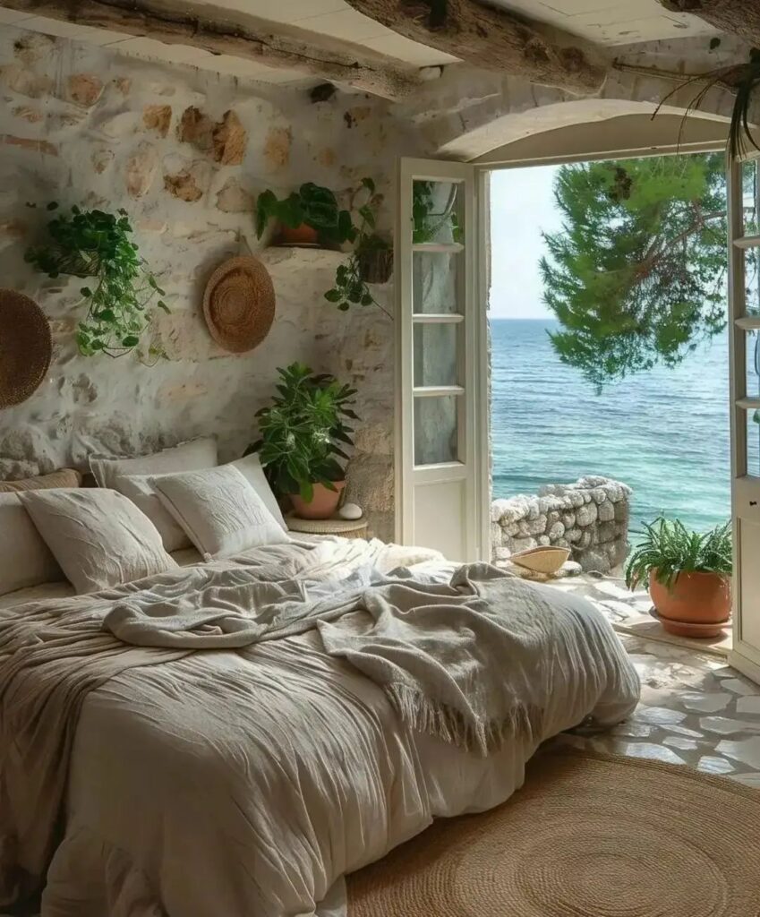 Cozy bedroom with stone walls overlooking ocean