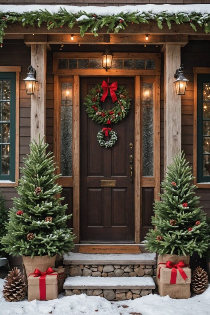 Snowy porch with wreaths trees and presents