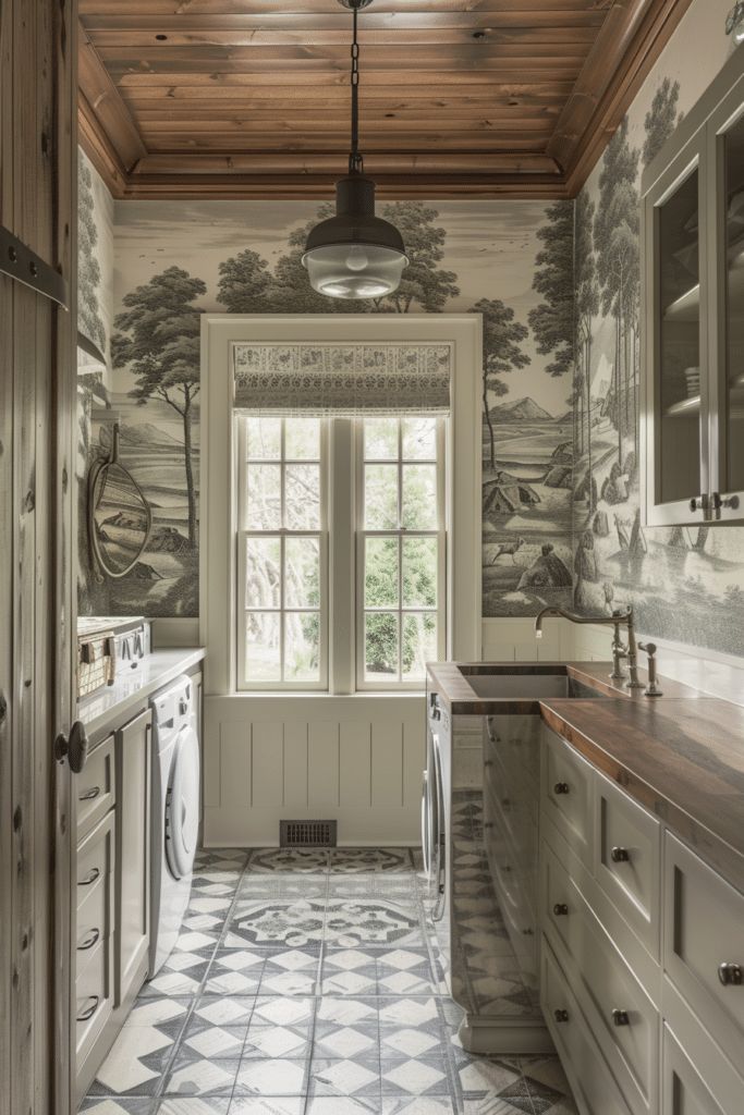 Rustic laundry room with panoramic landscape wallpaper.