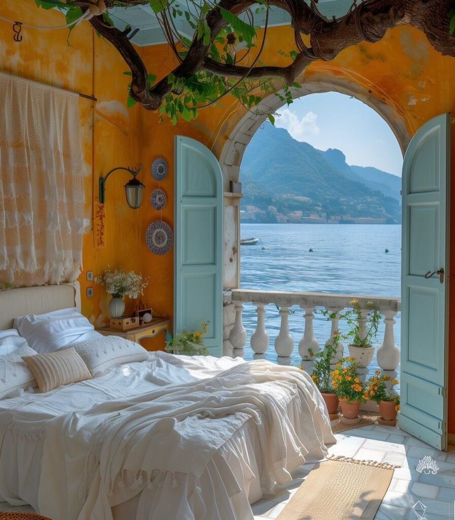 Vintage bedroom overlooking Mediterranean Sea through arched doorway