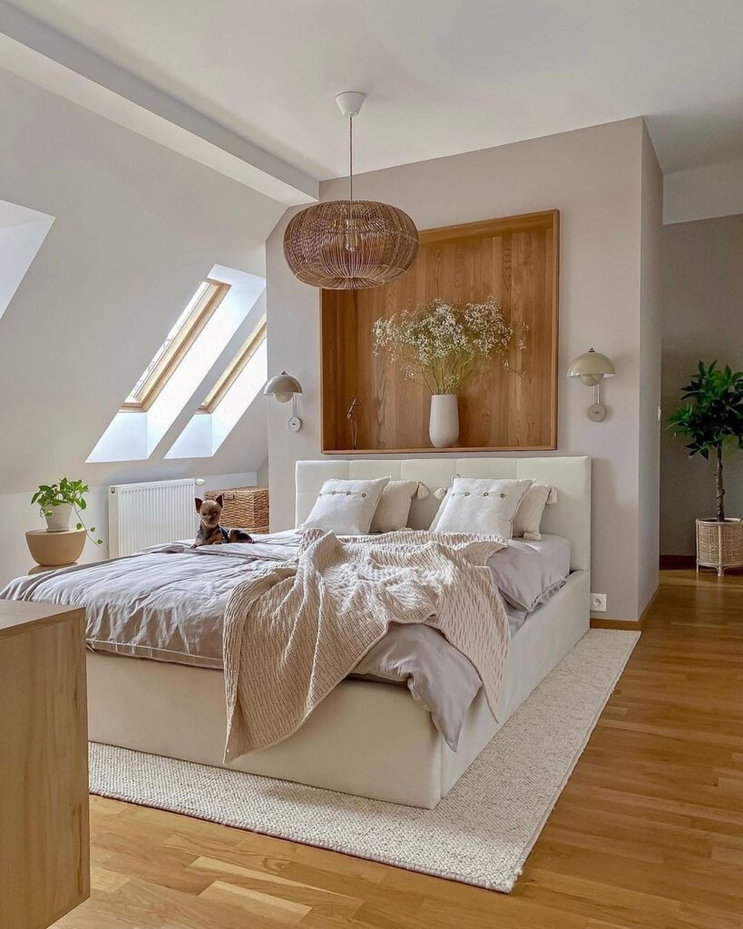 Minimalist attic bedroom with neutral tones wooden accents and skylight