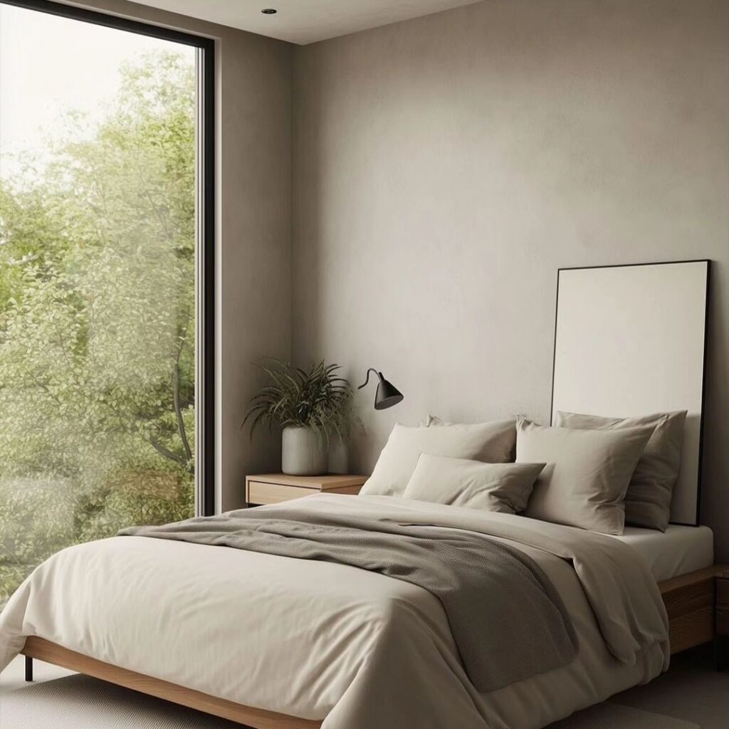 Minimalist bedroom with large window overlooking greenery