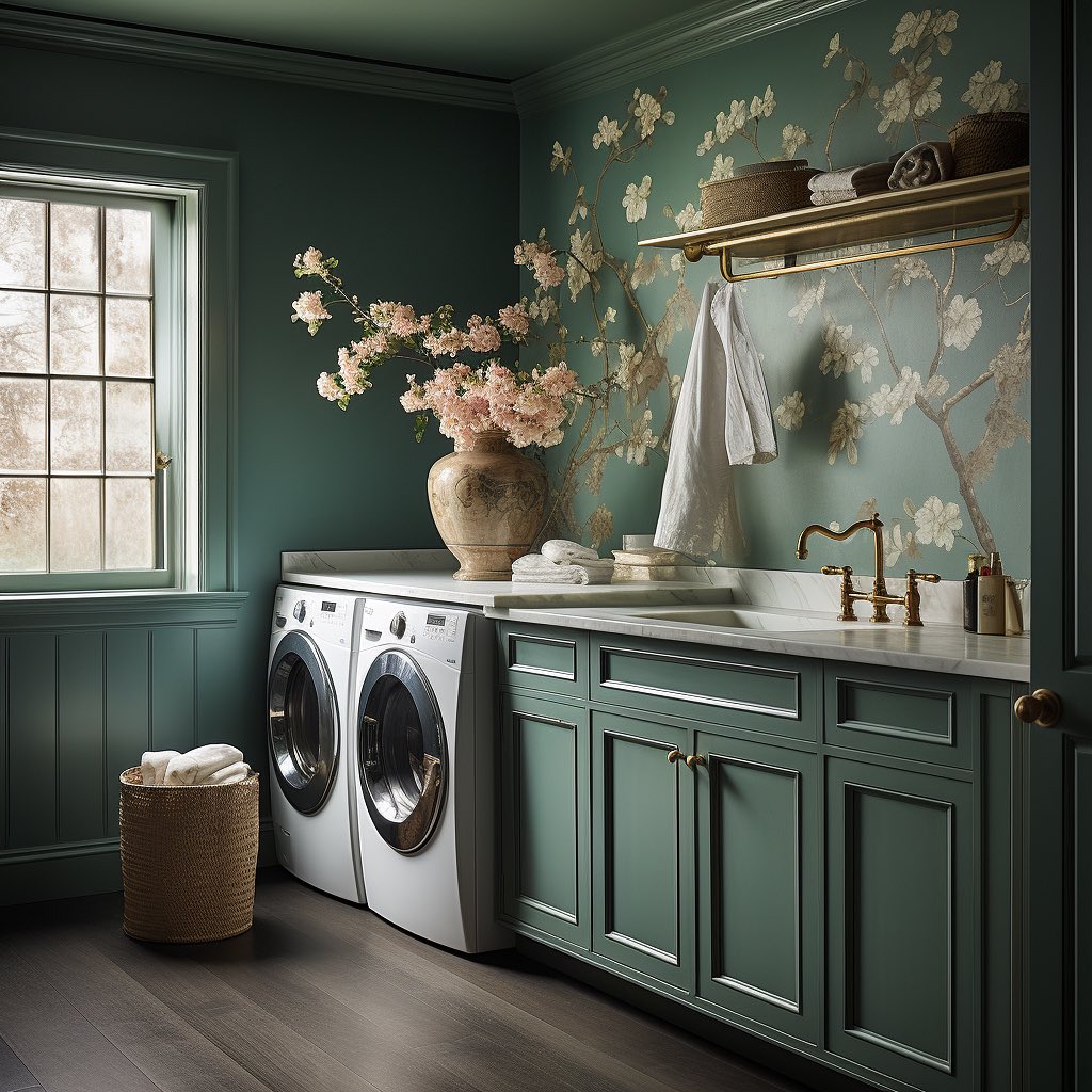 Elegant green laundry room with floral wallpaper and brass accents