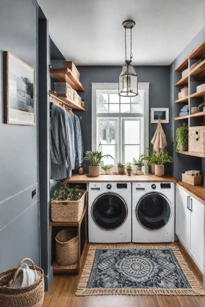 Compact gray laundry room with plants and open shelving