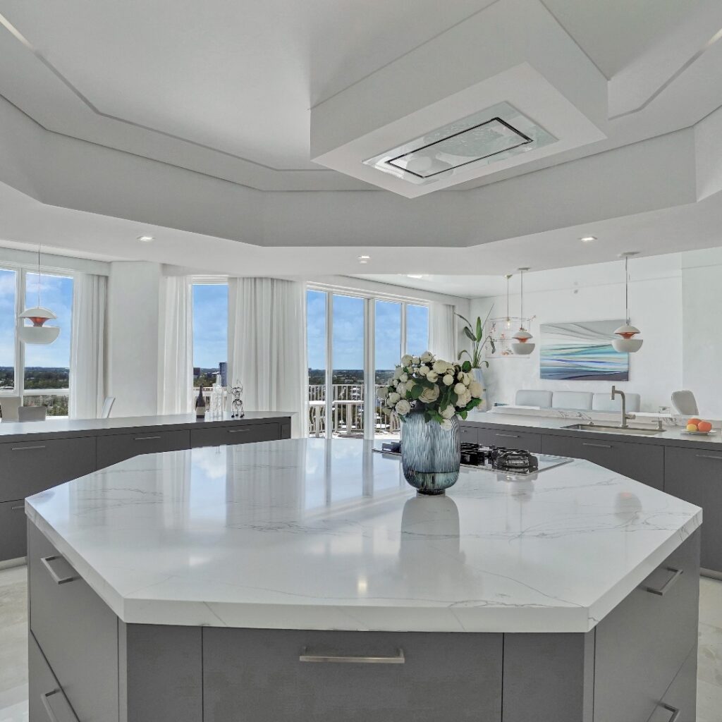 Bright kitchen with large windows overlooking city skyline