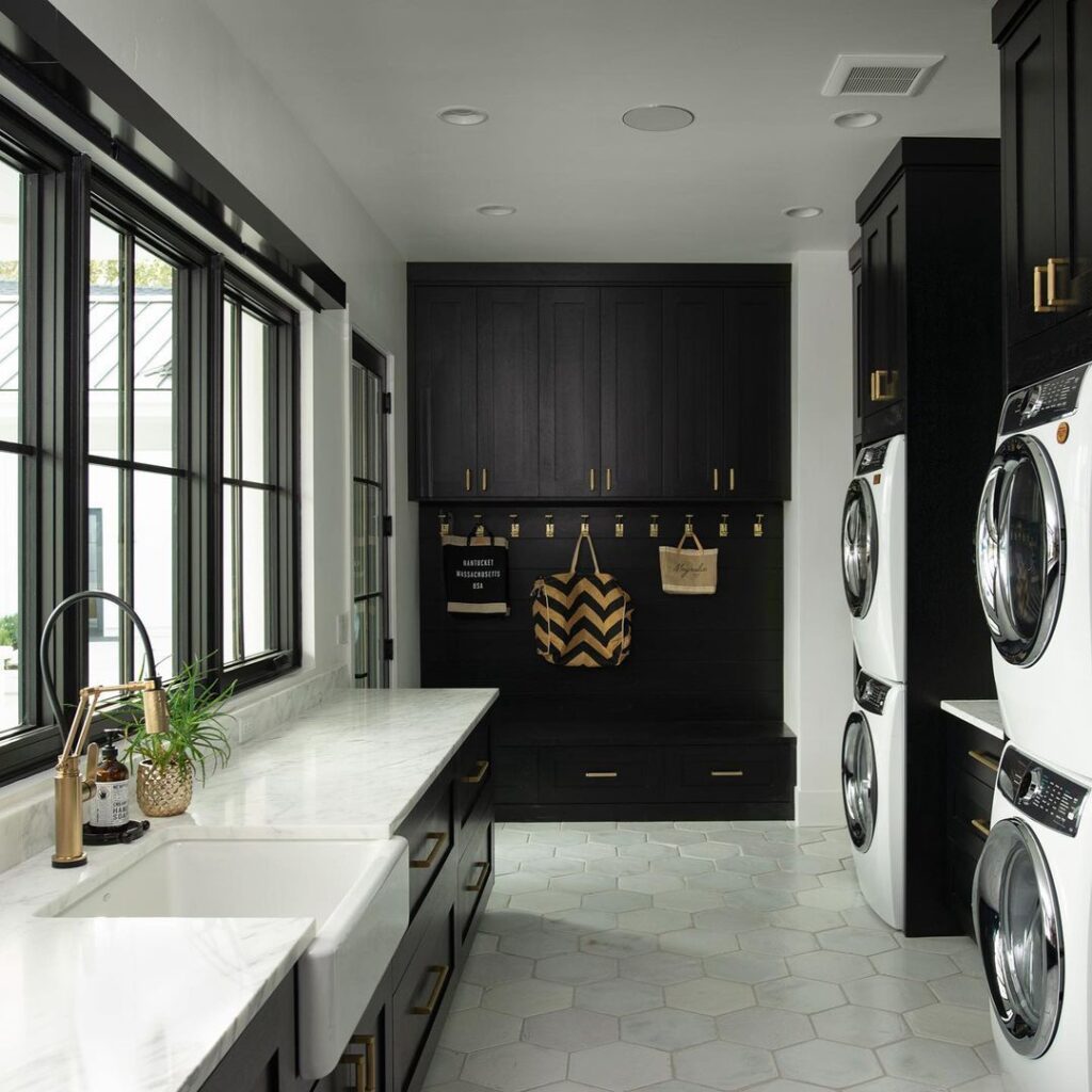  Modern black and white laundry room with large windows