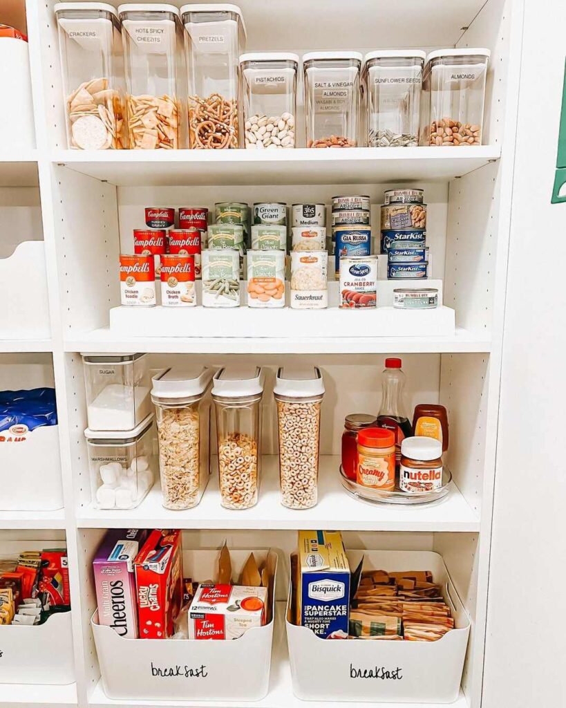 Organized pantry shelves with labeled containers