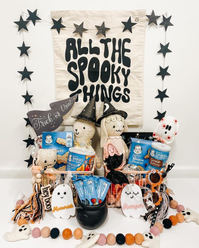 Halloween baby gift basket toys snacks decorations