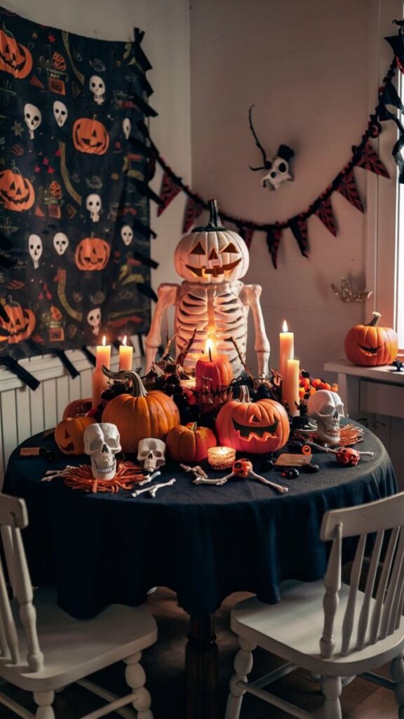 Halloween table with skeleton centerpiece pumpkins candles and spooky decor