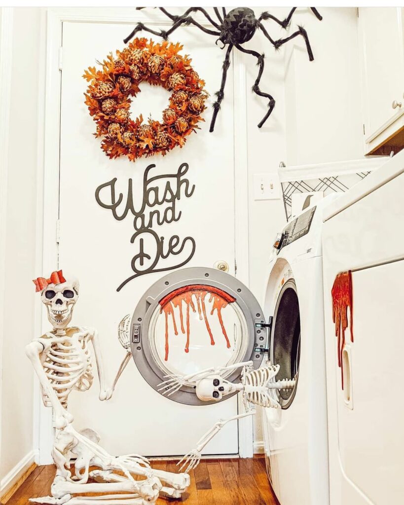 Halloween-themed laundry room with skeleton and fall wreath